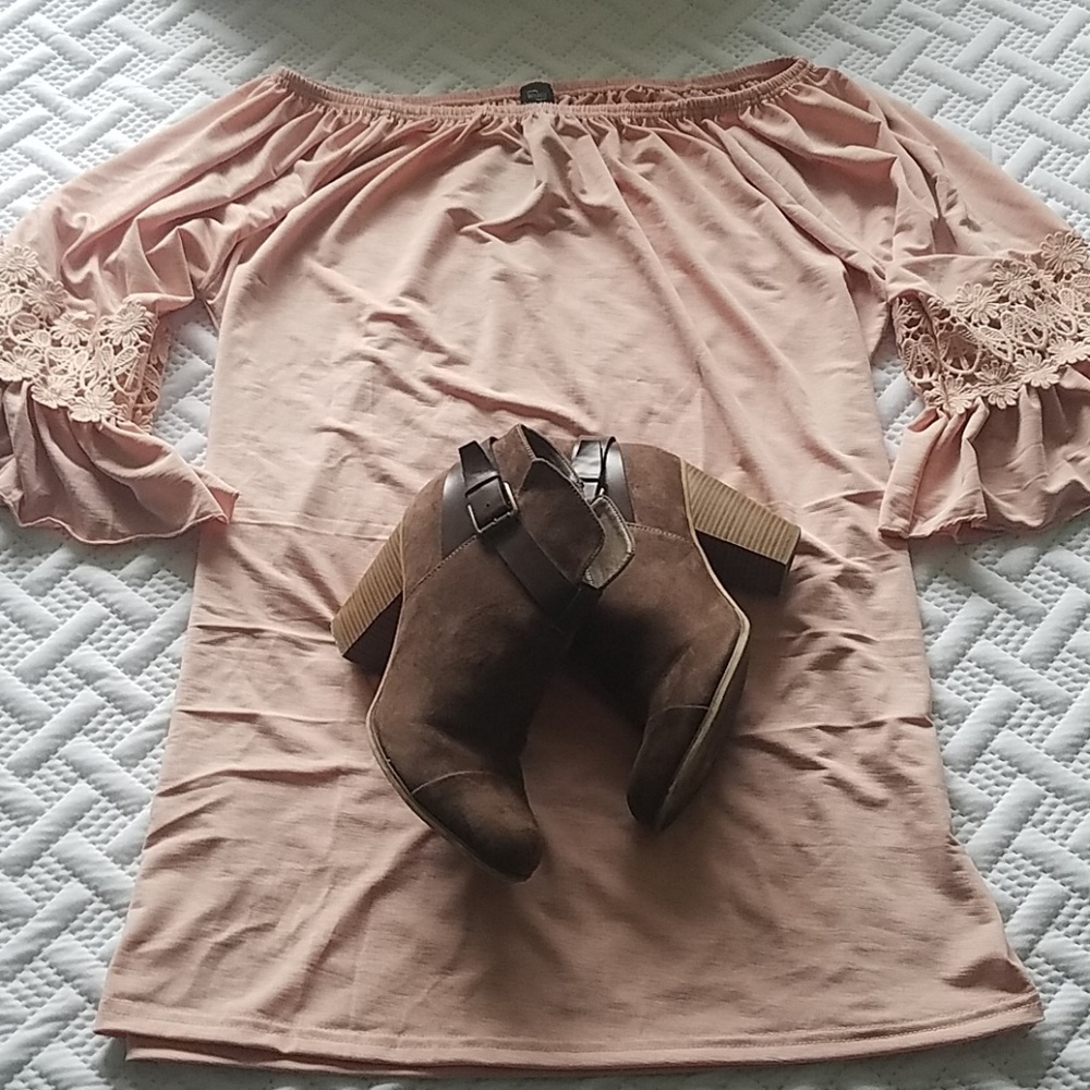 Peach Off Shoulder Bell Sleeve Lace Detail Tunic